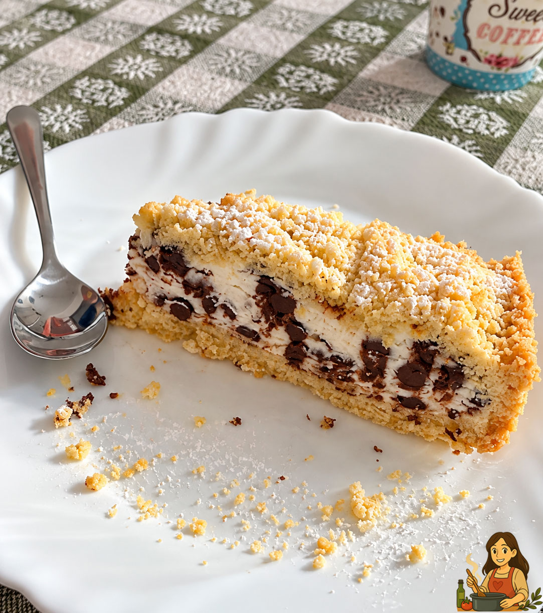 Fetta di sbriciolata ricotta e cioccolato con ricotta di pecora e gocce di cioccolato fondente