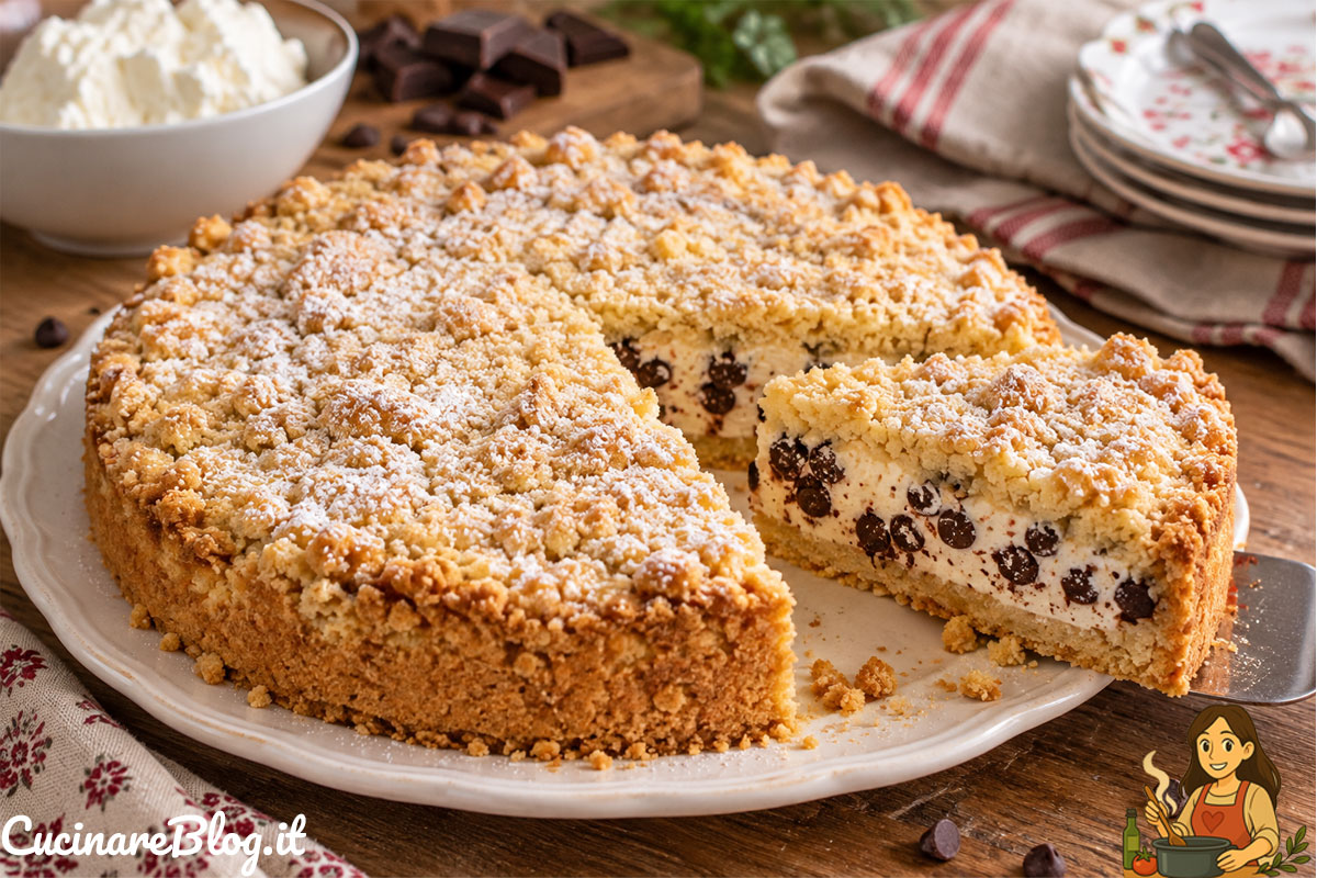 Sbriciolata ricotta e cioccolato con ripieno cremoso di ricotta di pecora e gocce fondenti, decorata con zucchero a velo